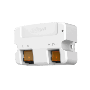 Ein weißes elektrisches Gerät von Dahua Technology, gekennzeichnet mit den Anschlüssen "L", "N" und "+12V-", sowie zwei orangefarbene Steckverbindungen.