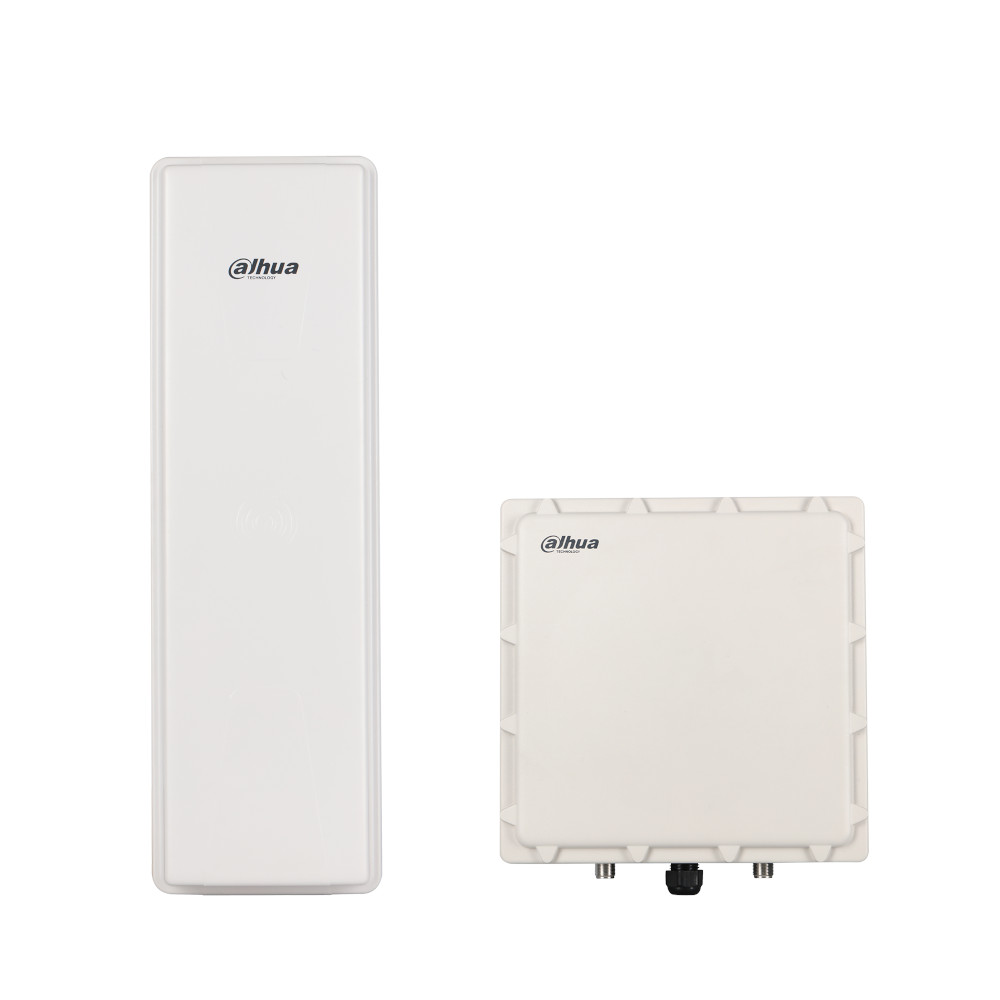 Zwei weiße elektronische Geräte mit dem Logo von Dahua; links ein längliches, rechteckiges Gerät, rechts ein quadratisches Gerät mit seitlichen Verstärkungsrippen.