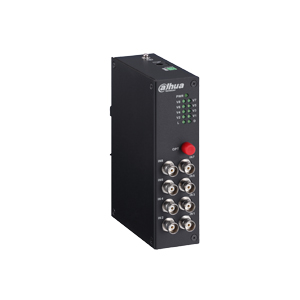 Elektronisches Gerät mit mehreren koaxialen Anschlüssen und einem roten Knopf auf der Vorderseite, das von der Marke Dahua stammt.