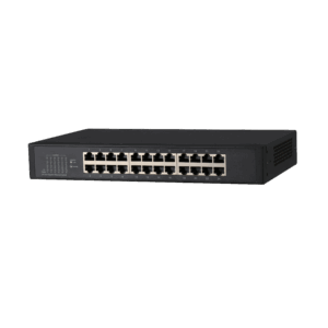 Ein schwarzer 24-Port Gigabit Ethernet Switch mit nummerierten Ports, in einem rechteckigen Metallgehäuse.