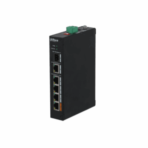 Ein schwarzer Ethernet-Switch von Dahua mit mehreren Ethernet- und Glasfaseranschlüssen an der Vorderseite.