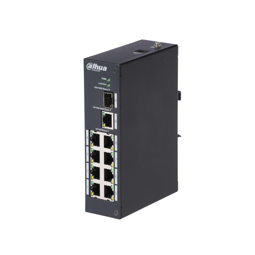 Schwarzer Netzwerk-Switch der Marke Dahua mit mehreren Ethernet-Ports, geeignet für industrielle Anwendungen.