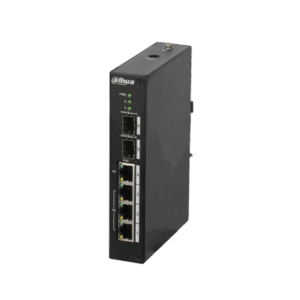 Ein schwarzer industrieller Netzwerk-Switch von Dahua mit mehreren Ethernet-Anschlüssen und LEDs auf der Vorderseite.