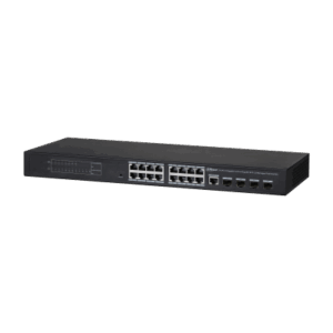 Schwarzer Netzwerk-Switch mit mehreren Ethernet-Ports auf der Vorderseite.