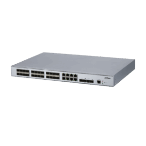 Ein grauer Netzwerkswitch von Dahua mit mehreren Ethernet- und Glasfaseranschlüssen auf der Vorderseite, geeignet für den Einbau in ein Server-Rack.
