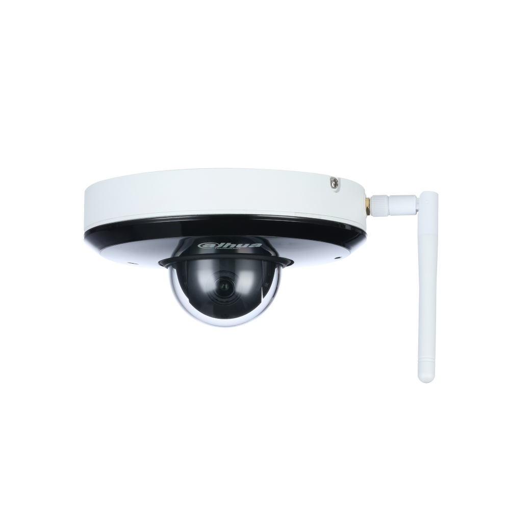 Überwachungskamera mit weißem und schwarzem Gehäuse und einer Antenne an der Seite.