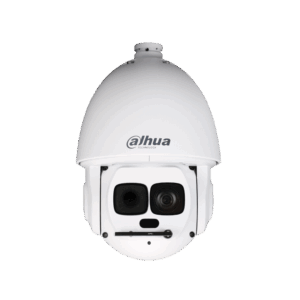 Weiße Dome-Kamera von Dahua Technology mit zwei Linsen auf schwarzem Hintergrund.