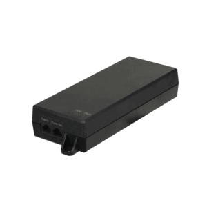 Ein schwarzes PoE (Power over Ethernet)-Netzteil mit zwei Ethernet-Anschlüssen, beschriftet als 'Data In' und 'Power Out'.