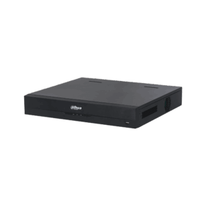 Ein schwarzer Dahua Netzwerkvideorecorder, rechteckig mit einem Lüftungsgitter an der Seite und einem USB-Anschluss an der Vorderseite.