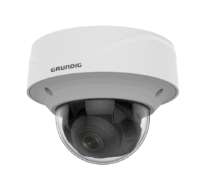 Eine weiße Überwachungskamera von Grundig in einer kugelförmigen Dom-Form, geeignet für Deckenmontage.