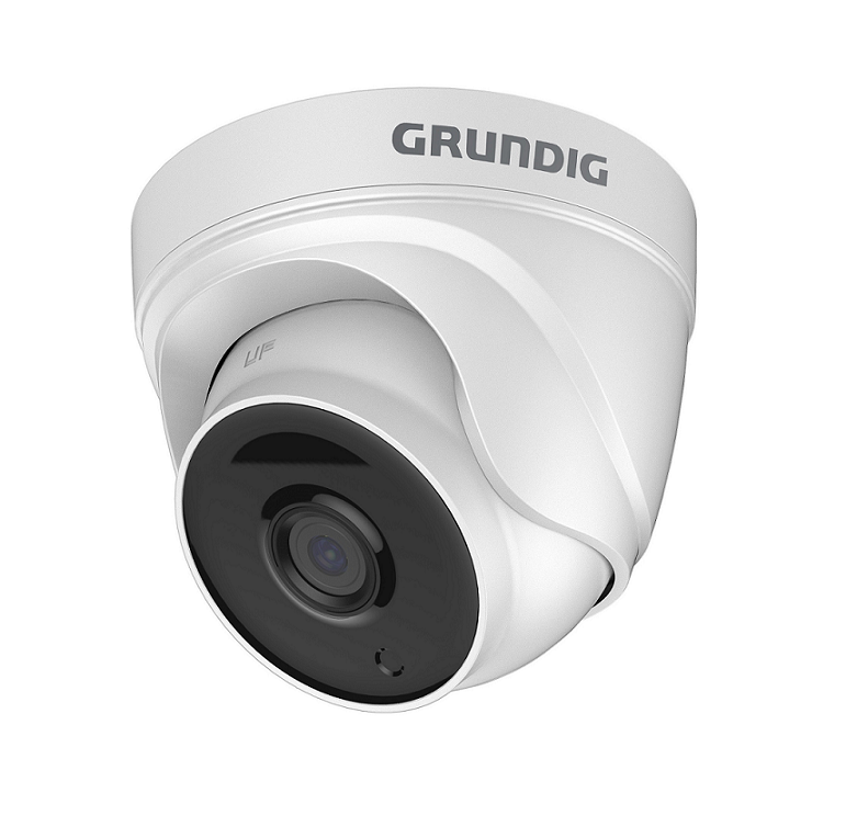 Weißer Überwachungskamera-Dome mit dem Herstellerlogo "GRUNDIG" oben, modelliert in elegantem, modernem Design.