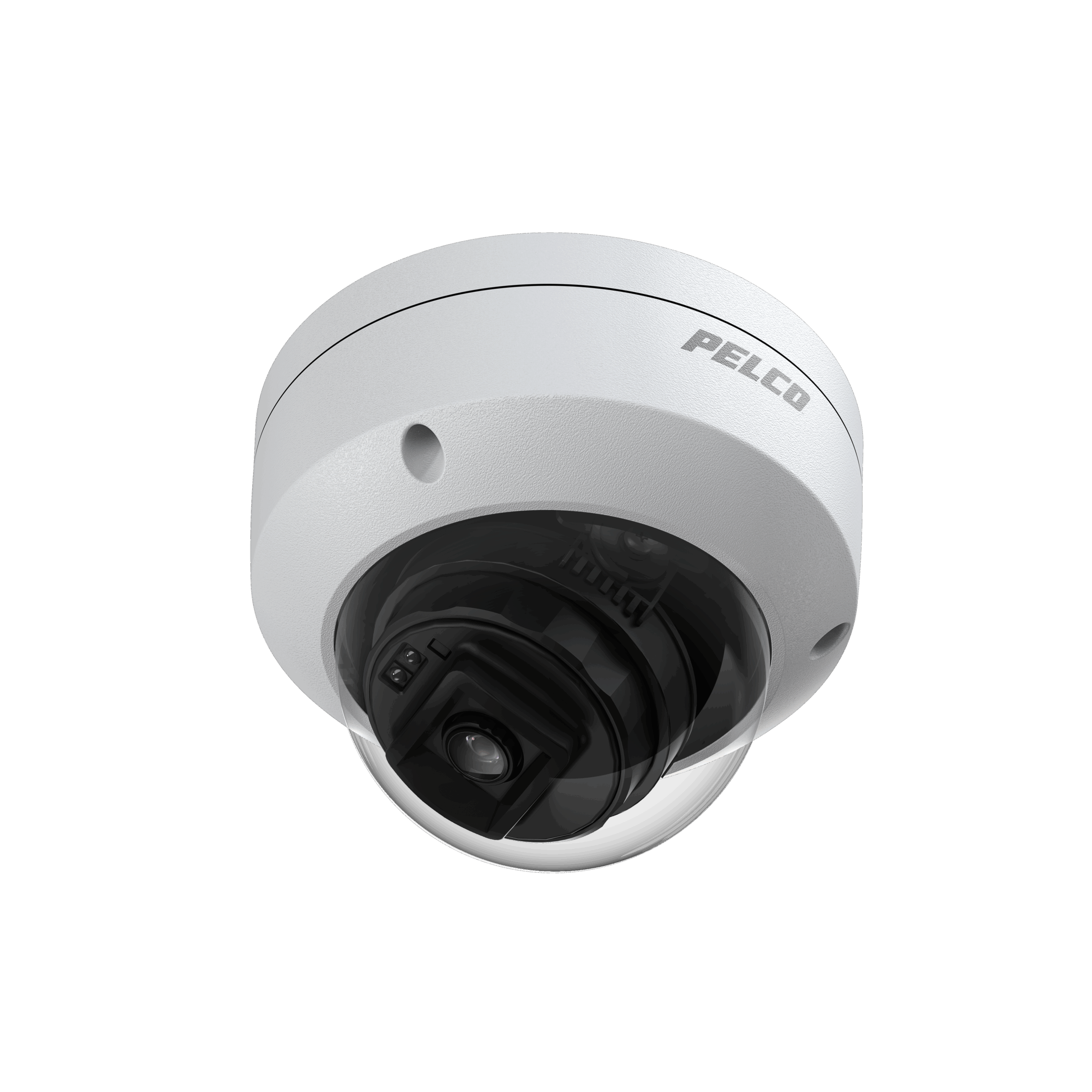 Weiße Überwachungskamera in Kuppelbauweise mit der Aufschrift 'PELCO' auf der Oberseite, vor einem schwarzen Hintergrund.