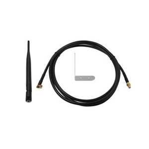 Schwarze Antenne mit einem langen Kabel und einer kleinen Metallhalterung auf weißem Hintergrund.