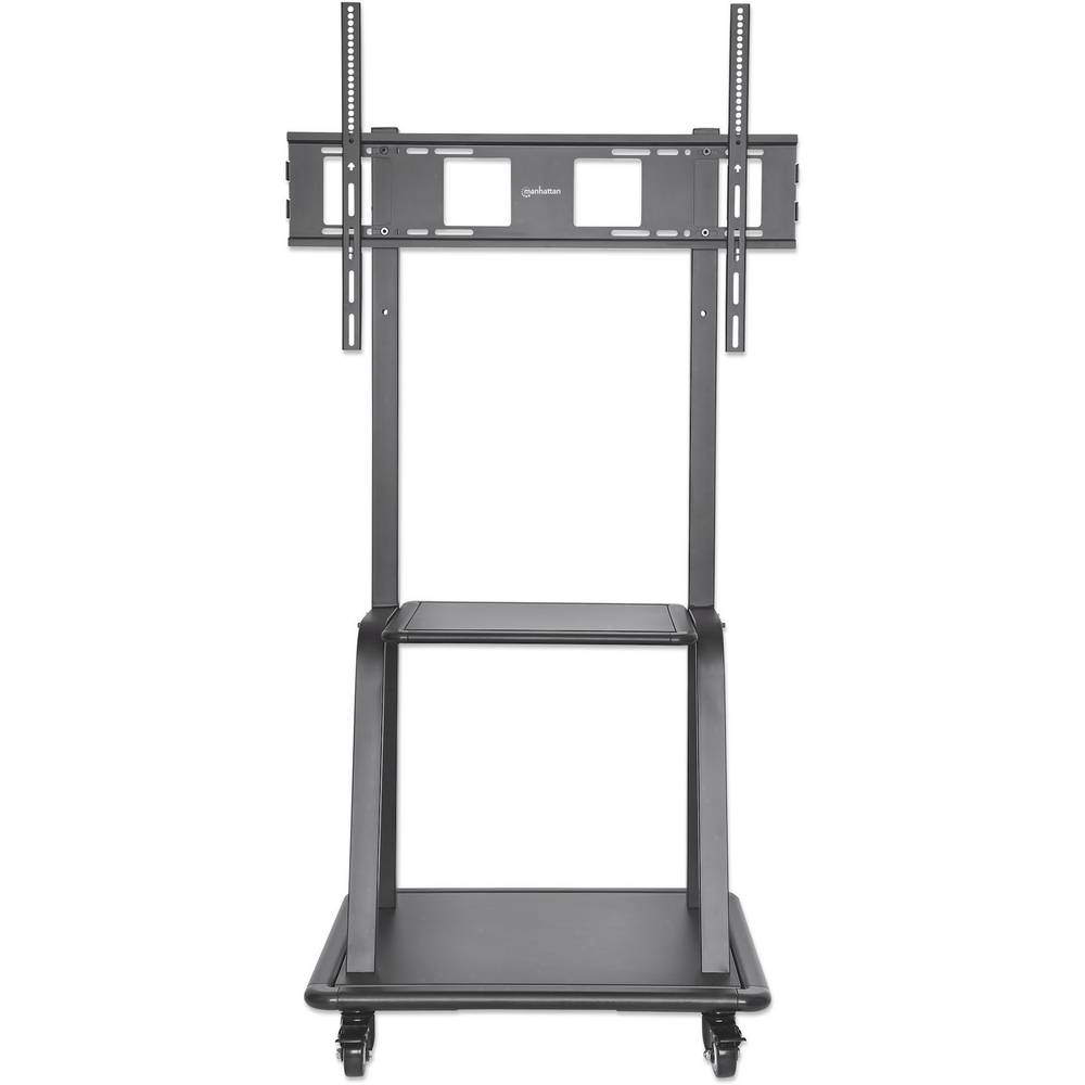 Schwarzer, fahrbarer TV-Ständer aus Metall mit Rollen und einer Halterung für einen Bildschirm.