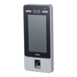 Ein rechteckiges biometrisches Zugangskontrollgerät von Dahua Technology mit einem großen Display und einem Fingerabdruckscanner an der Unterseite.