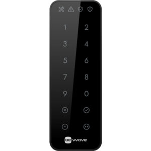 Schwarzes Touchscreen-Bedienfeld mit Nummerntastatur von 1 bis 9, Symbolen oben und dem Logo "be wave" unten.