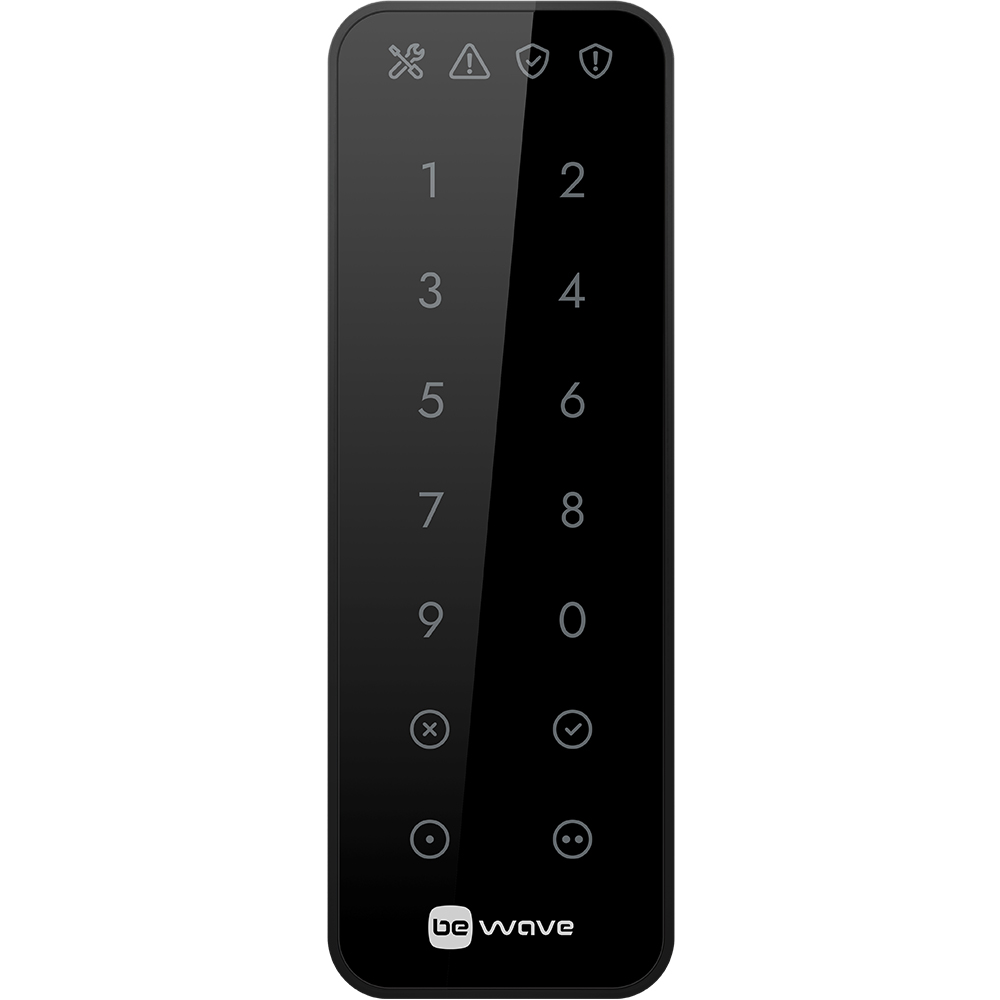 Schwarzes Touchscreen-Bedienfeld mit Nummerntastatur von 1 bis 9, Symbolen oben und dem Logo "be wave" unten.