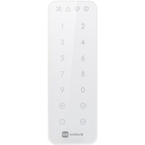 Weiße Fernbedienung mit Touchpad, nummeriert von 1 bis 9, mit zusätzlichen Symbolen oben und unten; Logo "be wave" unten sichtbar.