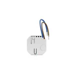 Ein kleines, weißes elektronisches Modul mit blauen und braunen Kabelanschlüssen, das verschiedene Schaltkreise anzeigt.
