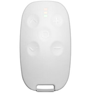 Weiße Fernbedienung mit vier Tasten und farbigen LED-Anzeigen oben.