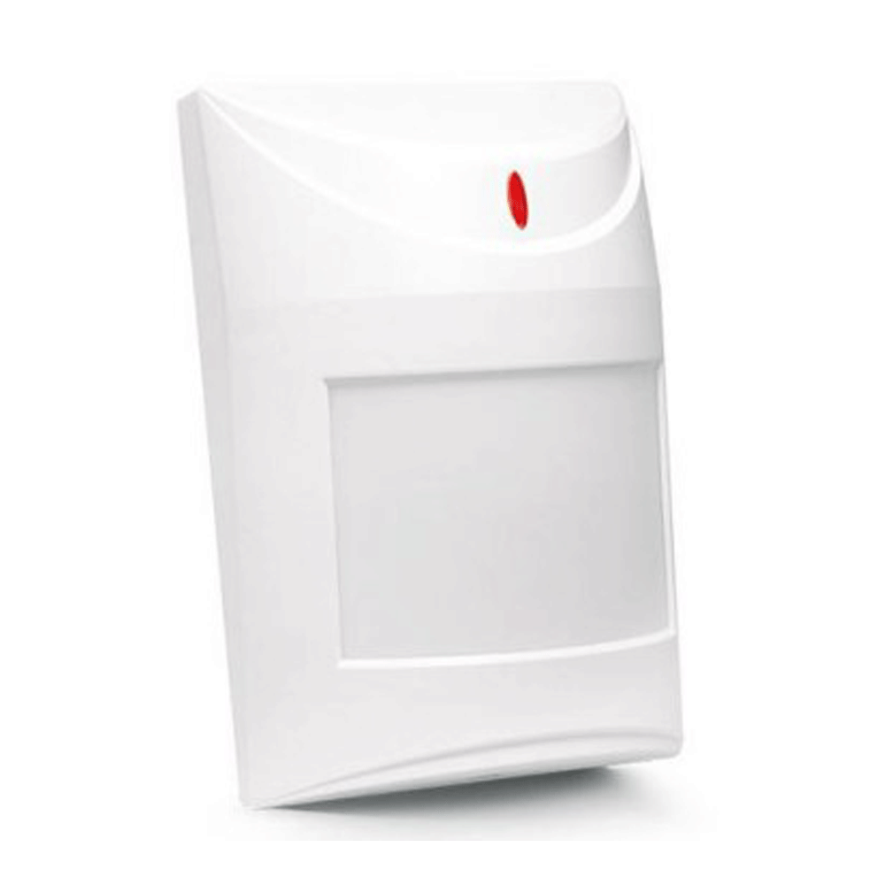 Ein weißer Bewegungssensor mit einer gewölbten Vorderseite und einem roten Indikator oben.
