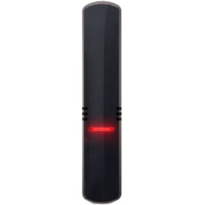 Ein schwarzes, schlankes Gerät mit abgerundeten Ecken, das eine horizontale rote LED-Anzeige in der Mitte hat.