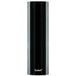 Ein schwarzer, zylindrischer Satel-Bewegungsmelder mit silbernen Seiten.