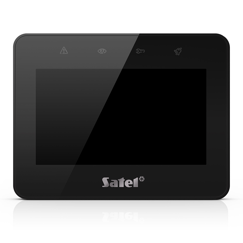 Schwarzes Satel-Gerät mit Bildschirm und Symbolen über dem Display, darunter das Satel-Logo.