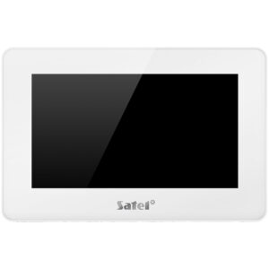 Ein weißer Touchscreen-Controller mit schwarzem Display und der Marke Satel darunter.