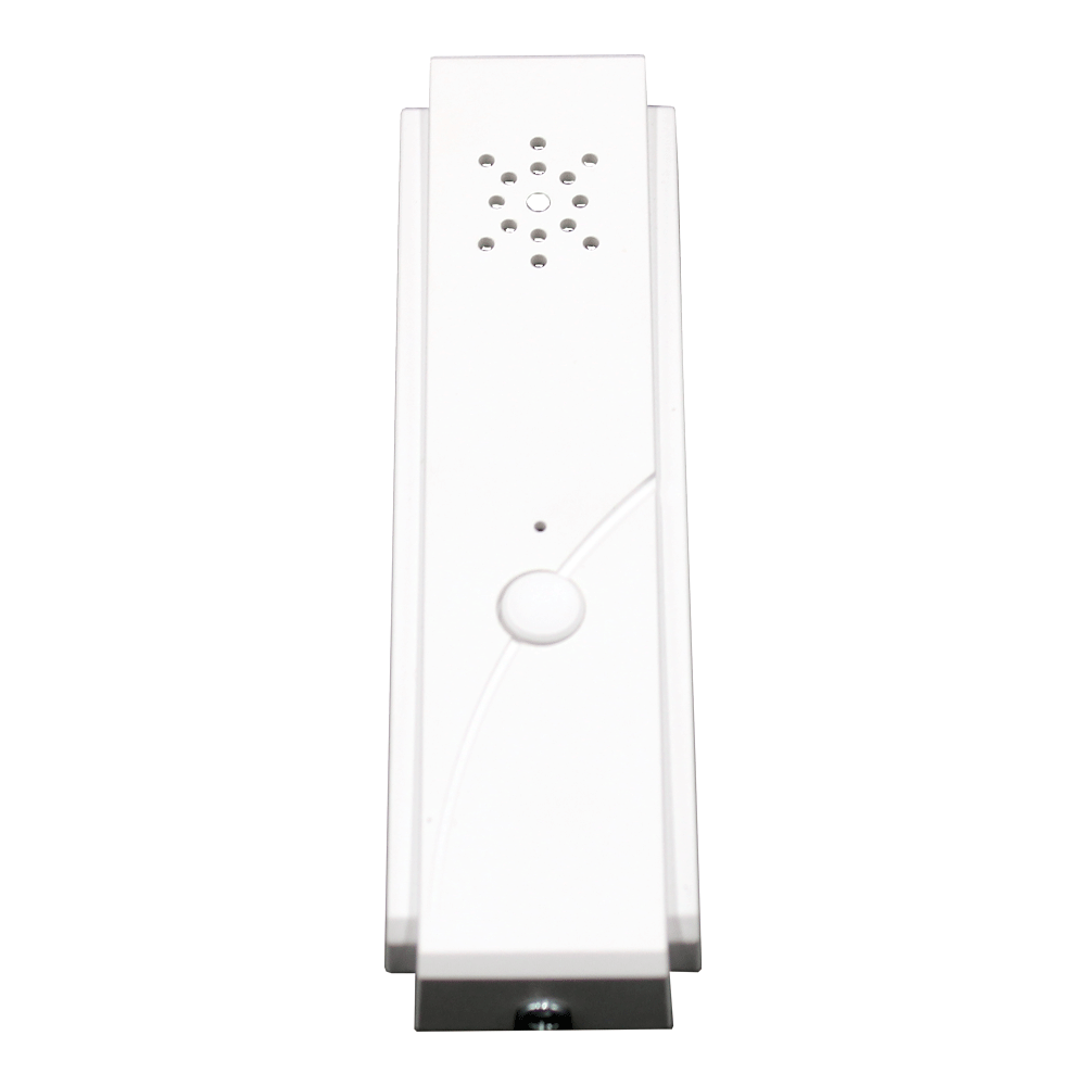 Ein weißes rechteckiges elektronisches Gerät mit einem kleinen runden Knopf und mehreren Löchern an der oberen Seite.