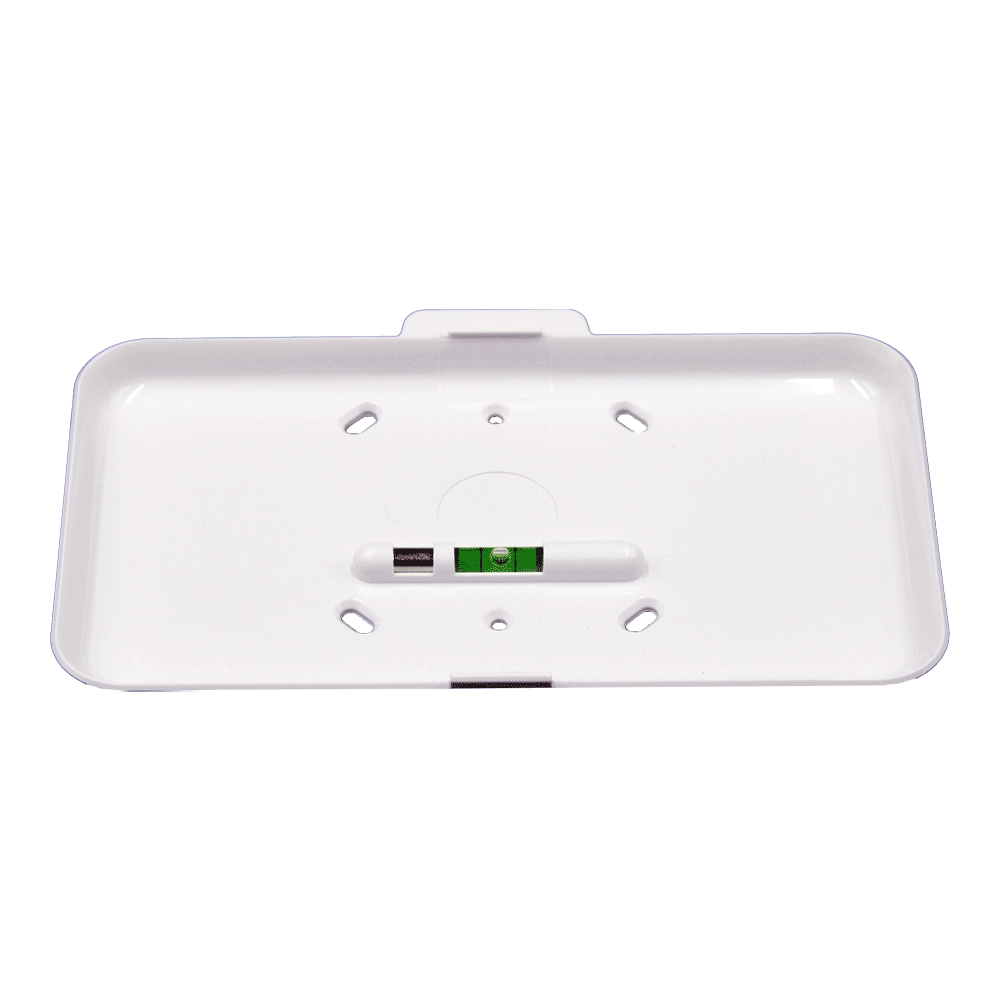 Weiße rechteckige Wasserwaage mit einer kleinen, zentral platzierten grünen Libelle auf der Oberfläche.