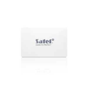 Weiße RFID-Karte mit dem Aufdruck "Satel Made to Protect" in der Mitte.