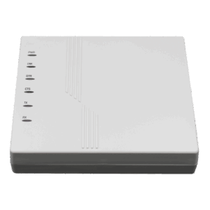 Ein grauer Modemrouter mit LED-Anzeigen auf der linken Seite, beschriftet mit PWR, LNK, DTR, CTS, TX und RX.
