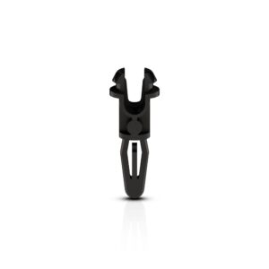 Schwarzer Plastikclip auf weißem Hintergrund, der eine schmale, längliche Form hat mit gebogenen Enden und einer offenen Mitte.