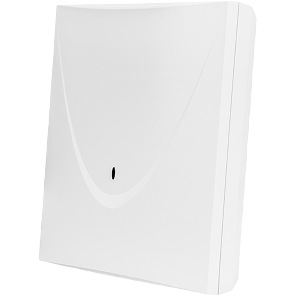 Weiße Kunststoffbox mit abgeschrägten Kanten und einem kleinen schwarzen ovalen Punkt in der Mitte.