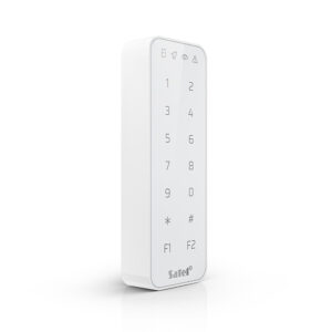 Ein modernes, weißes Zahlentastenfeld mit den Zahlen 0 bis 9, den Tasten "*" und "#", sowie den Funktionstasten "F1" und "F2". Oben sind verschiedene Symbole abgebildet.