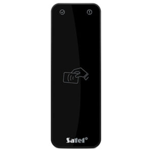 Schwarzes RFID-Lesegerät von Satel mit Symbolen für Check und Warnung oben sowie einem Kartenlesesymbol in der Mitte.