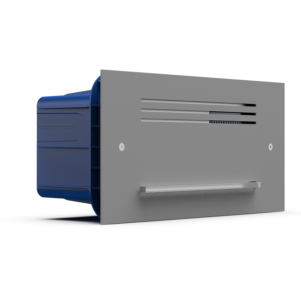 Ein rechteckiges, graues Lüftungselement mit blauer Rückseite, das an der Vorderseite über Lüftungsschlitze und einen Griff verfügt.