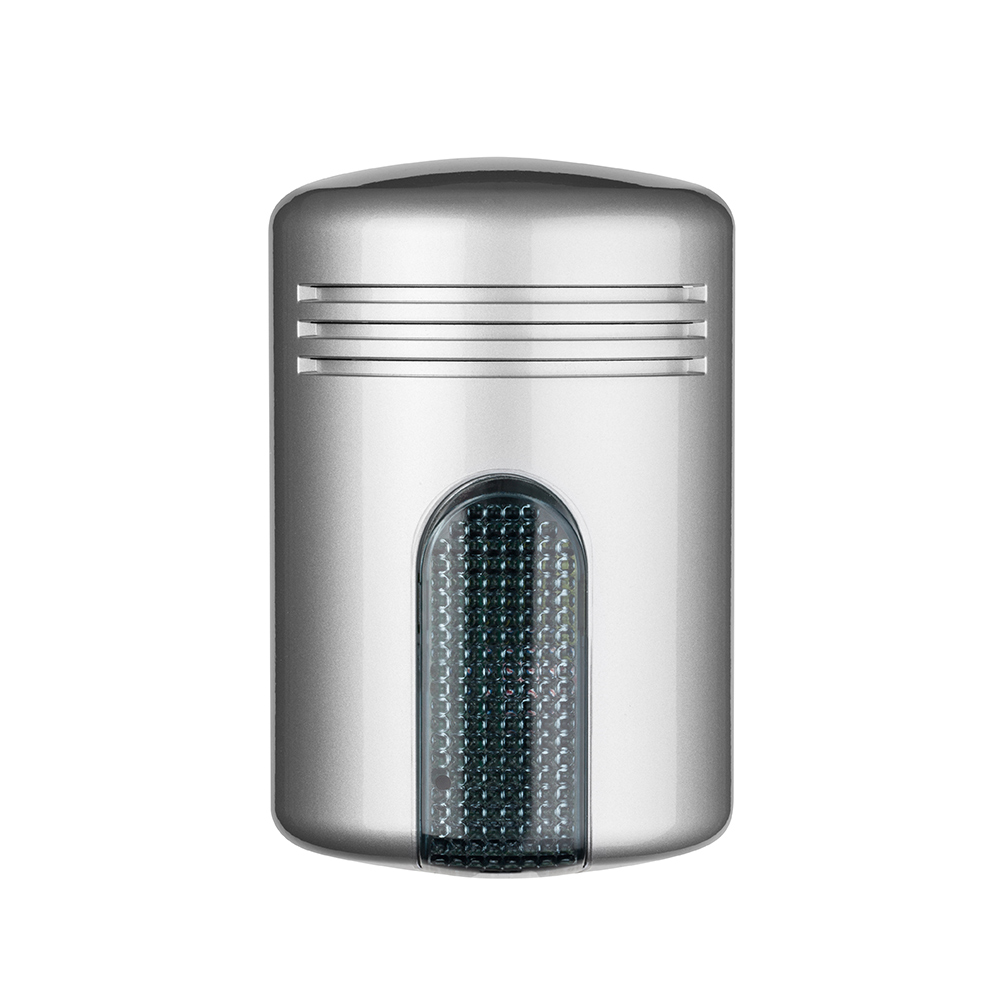 Silberner elektrischer Lufterfrischer mit gebogener Oberseite und einem vertikalen Display in der Mitte.