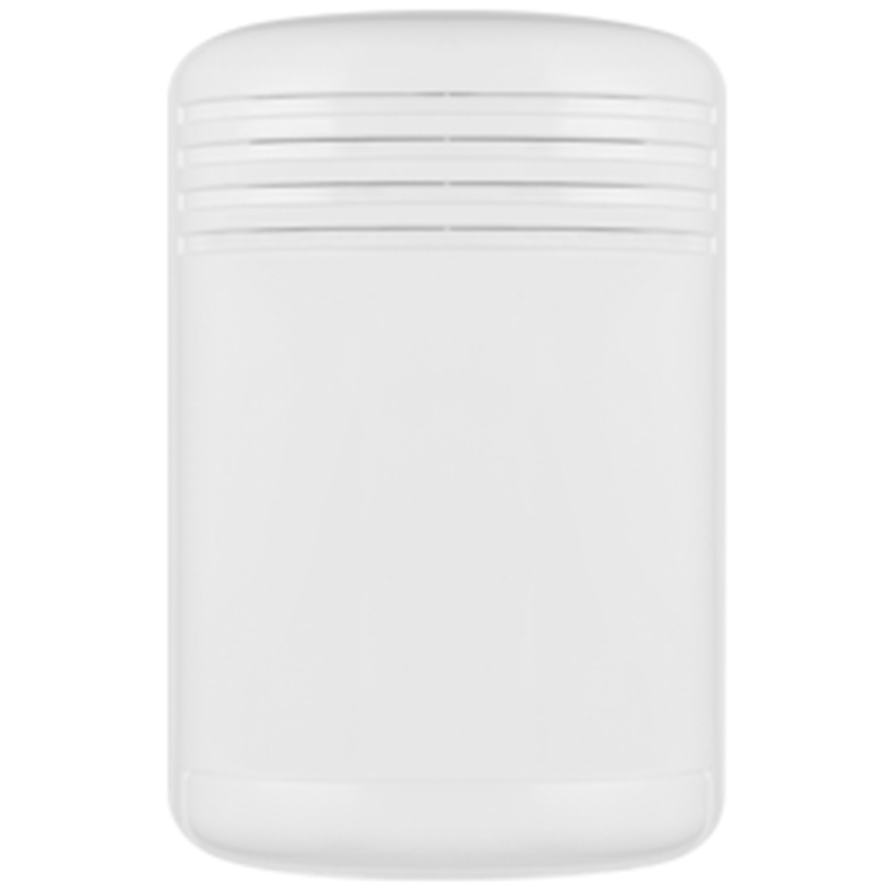 Weiße, zylinderförmige Plastikdose mit abgerundeten Ecken und horizontalen Rillen am oberen Abschnitt.