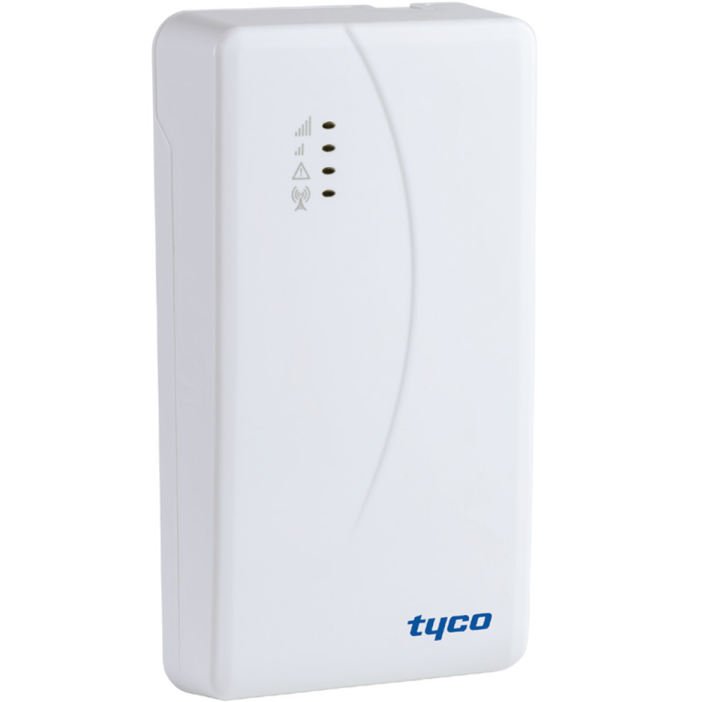 Ein weißes rechteckiges Gerät mit der Aufschrift "tyco" unten rechts. Es zeigt Symbole und Leuchtanzeigen auf der Vorderseite an.