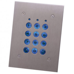 Ein Metall-Tastaturfeld mit blauen, beleuchteten Tasten in einem Raster von drei Spalten und fünf Reihen, nummeriert von 1 bis 9 und mit den Buchstaben A und B.