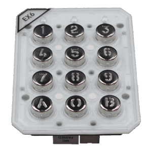 Eine silberne Tastatur mit 12 runden Tasten, nummeriert von 1 bis 0, mit einer zusätzlichen Raute- und Sternchentaste, oben links mit der Kennzeichnung „EX6“.