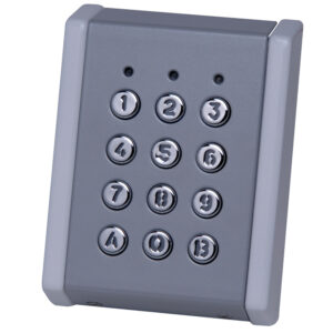 Metallisches Zahlenblock-System mit Tasten von eins bis neun, null, A und B, in einem grauen Gehäuse.
