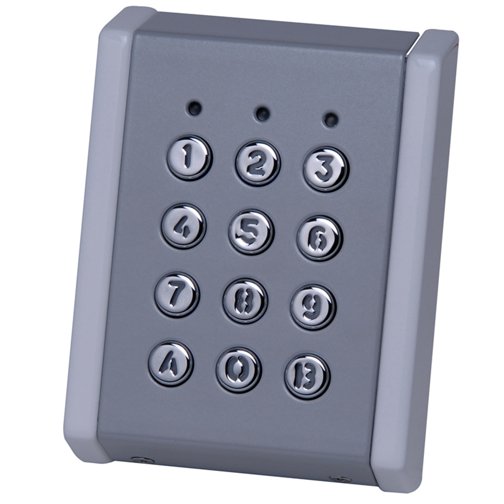 Metallisches Zahlenblock-System mit Tasten von eins bis neun, null, A und B, in einem grauen Gehäuse.