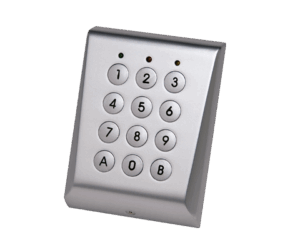 Silbernes numerisches Tastenfeld mit den Ziffern 0 bis 9 und den Tasten A und B, montiert auf einer leicht gewölbten Hintergrundplatte.