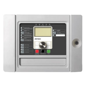 Ein graues Brandmeldesystem mit einem Display, Funktionstasten und Knöpfen zum Steuerung von Alarmen und Ereignissen, mit Beschriftungen für verschiedene Fehlermeldungen und Kontrollelemente.