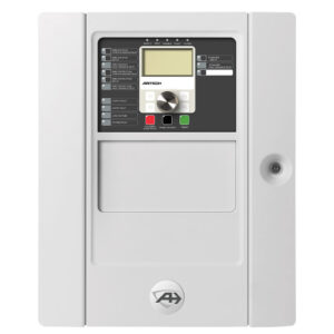 Ein weißes elektronisches Kontrollpanel von Aritech mit einem Bildschirm, mehreren Tasten und einem Drehknopf, umgeben von einer Metallhülle mit einem Schlüsselschloss an der rechten Seite.