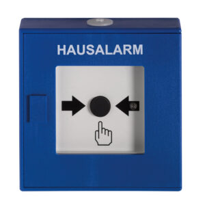 Blauer Hausalarm-Kasten mit weißem Feld und einem schwarzen Knopf in der Mitte.