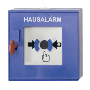 Blauer Hausalarmkasten mit einem runden, schwarzen Knopf in der Mitte und Pfeilen, die auf den Knopf zeigen, sowie einer Hand, die darauf deutet.